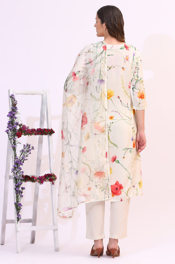Cream Bold Floral Printed Modal Straight Kurta, Pants and Dupatta Set