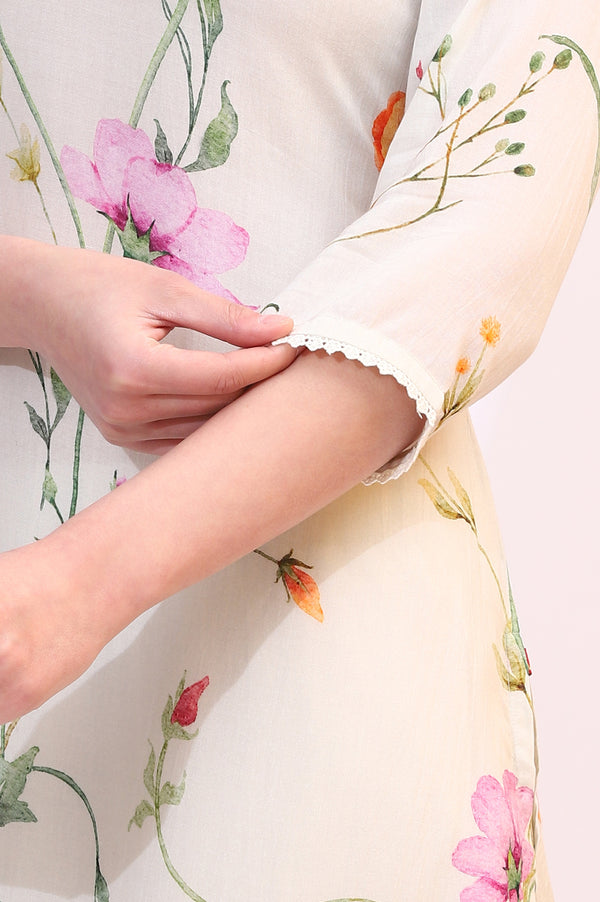 Cream Bold Floral Printed Modal Straight Kurta, Pants and Dupatta Set