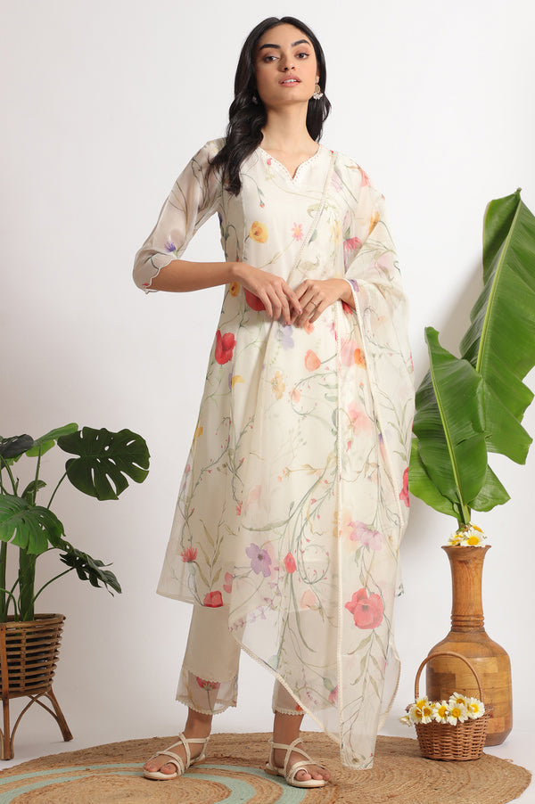 Cream Floral Printed Flared Organza Kurta, Pants and Dupatta Set