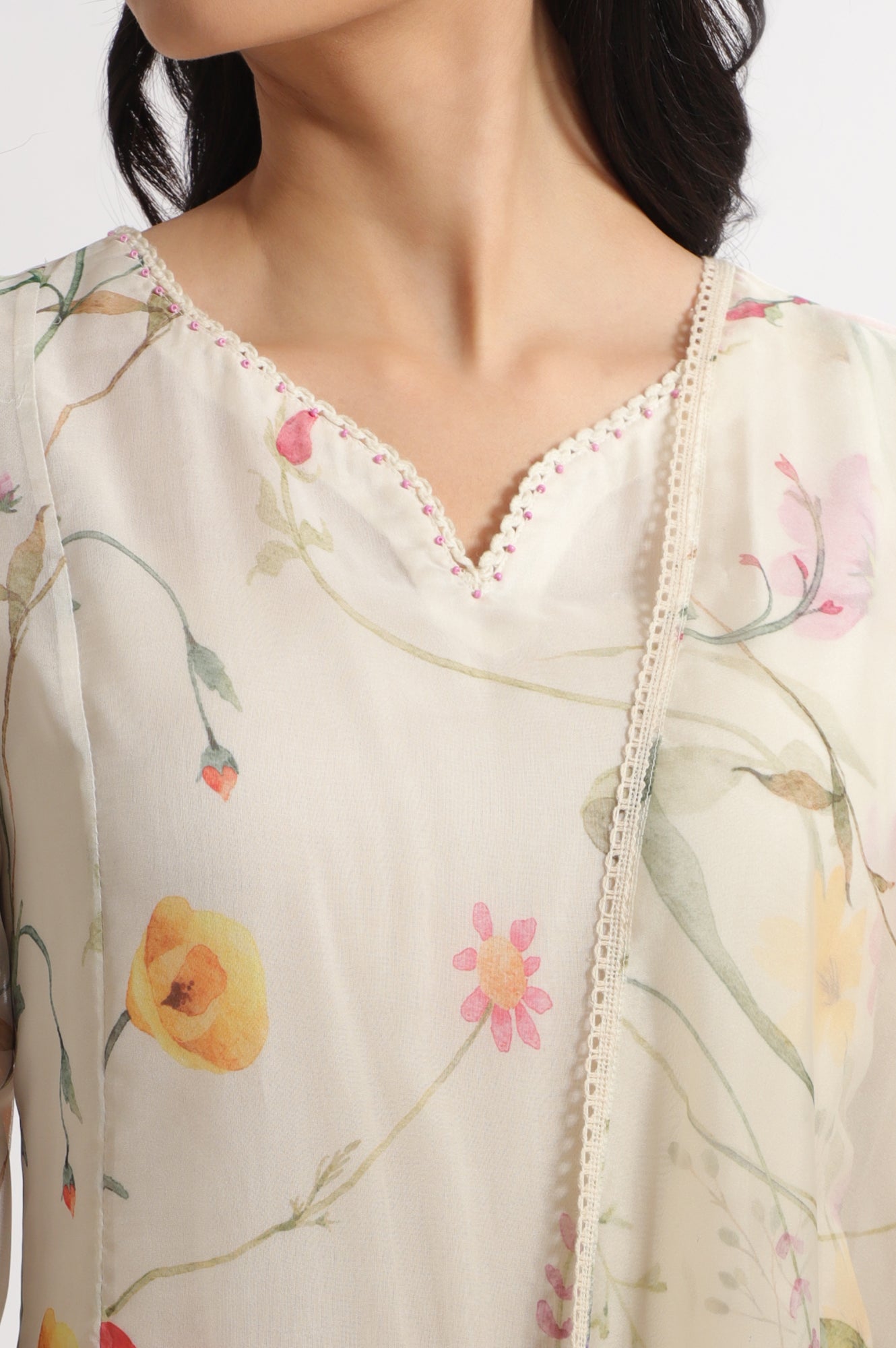 Cream Floral Printed Flared Organza Kurta, Pants and Dupatta Set