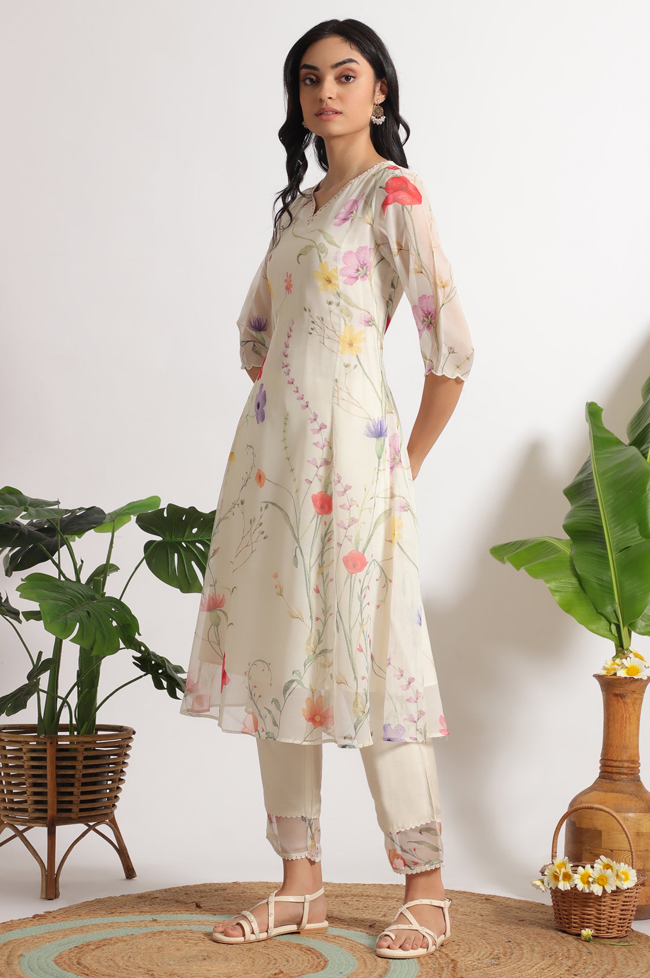 Cream Floral Printed Flared Organza Kurta, Pants and Dupatta Set