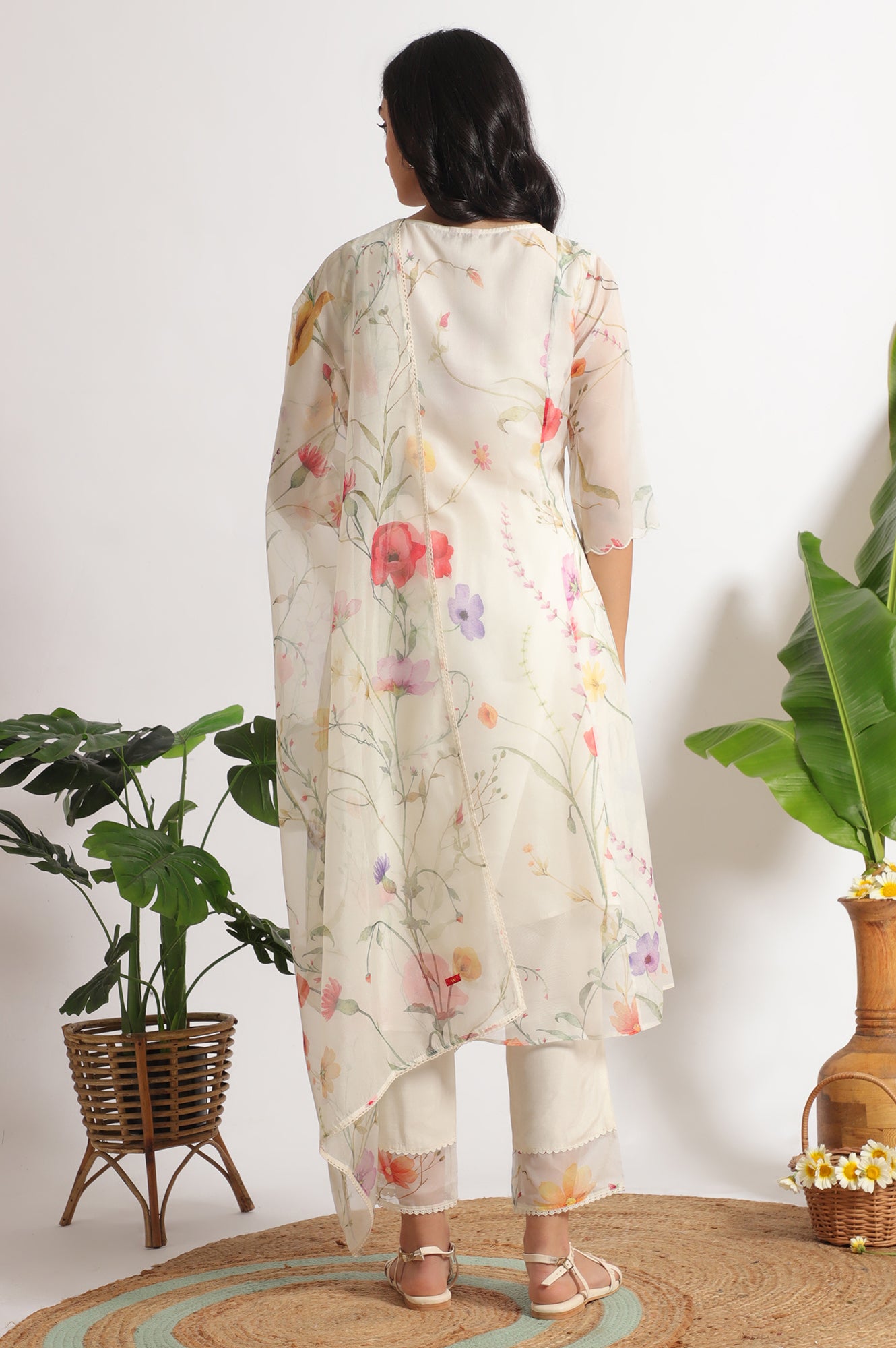 Cream Floral Printed Flared Organza Kurta, Pants and Dupatta Set