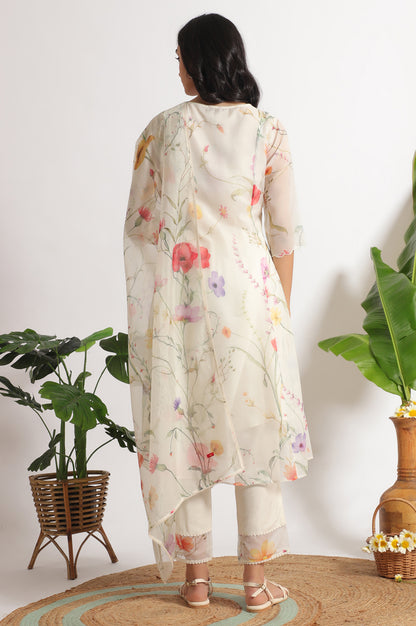 Cream Floral Printed Flared Organza Kurta, Pants and Dupatta Set