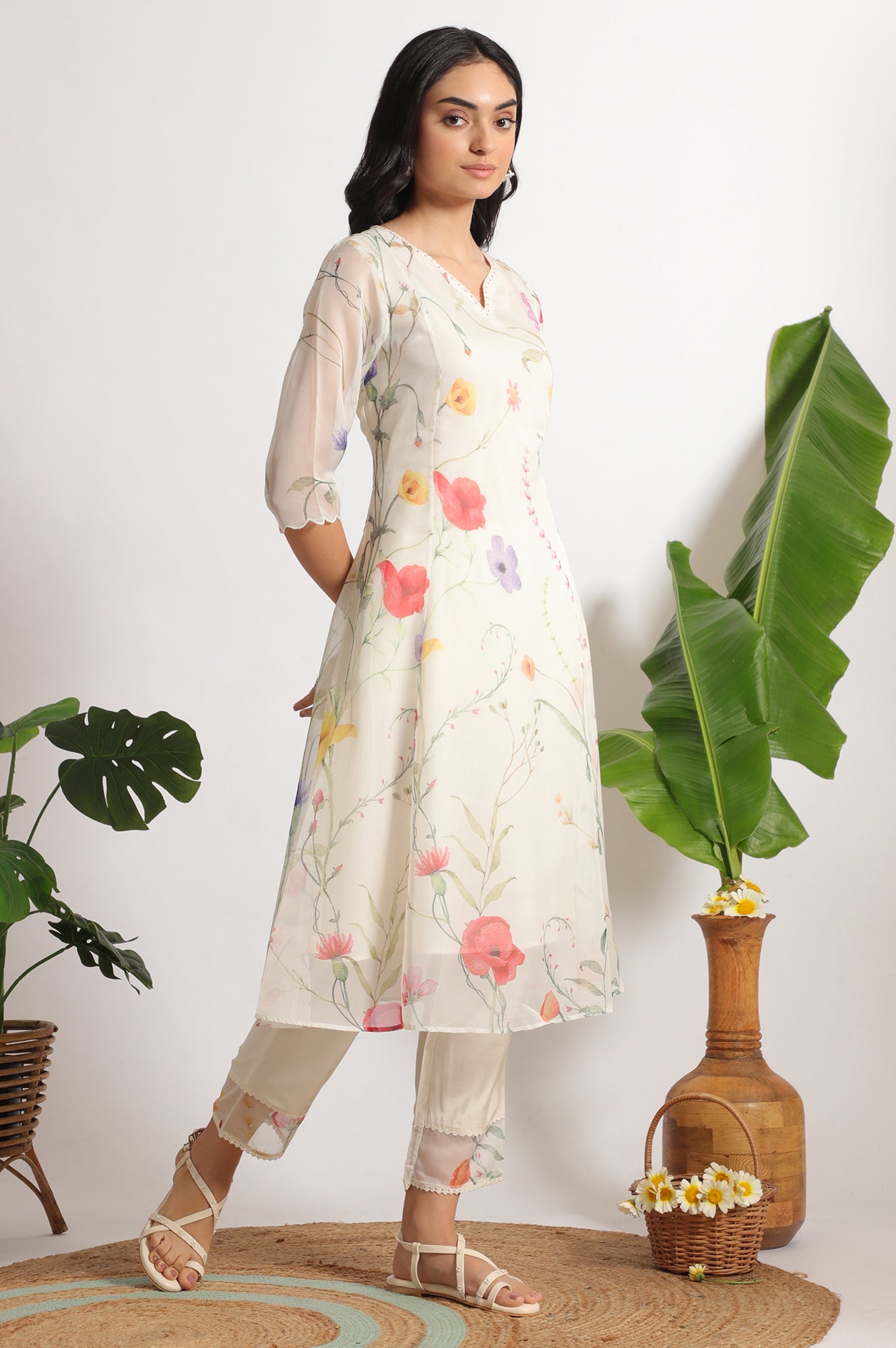 Cream Floral Printed Flared Organza Kurta, Pants and Dupatta Set
