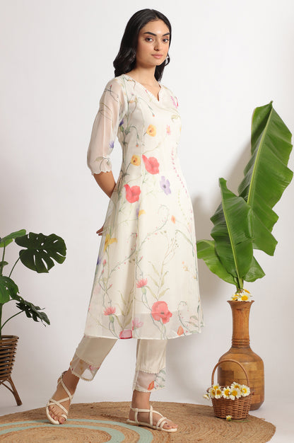 Cream Floral Printed Flared Organza Kurta, Pants and Dupatta Set