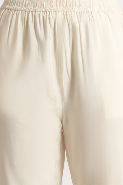 Cream Floral Printed Flared Organza Kurta, Pants and Dupatta Set