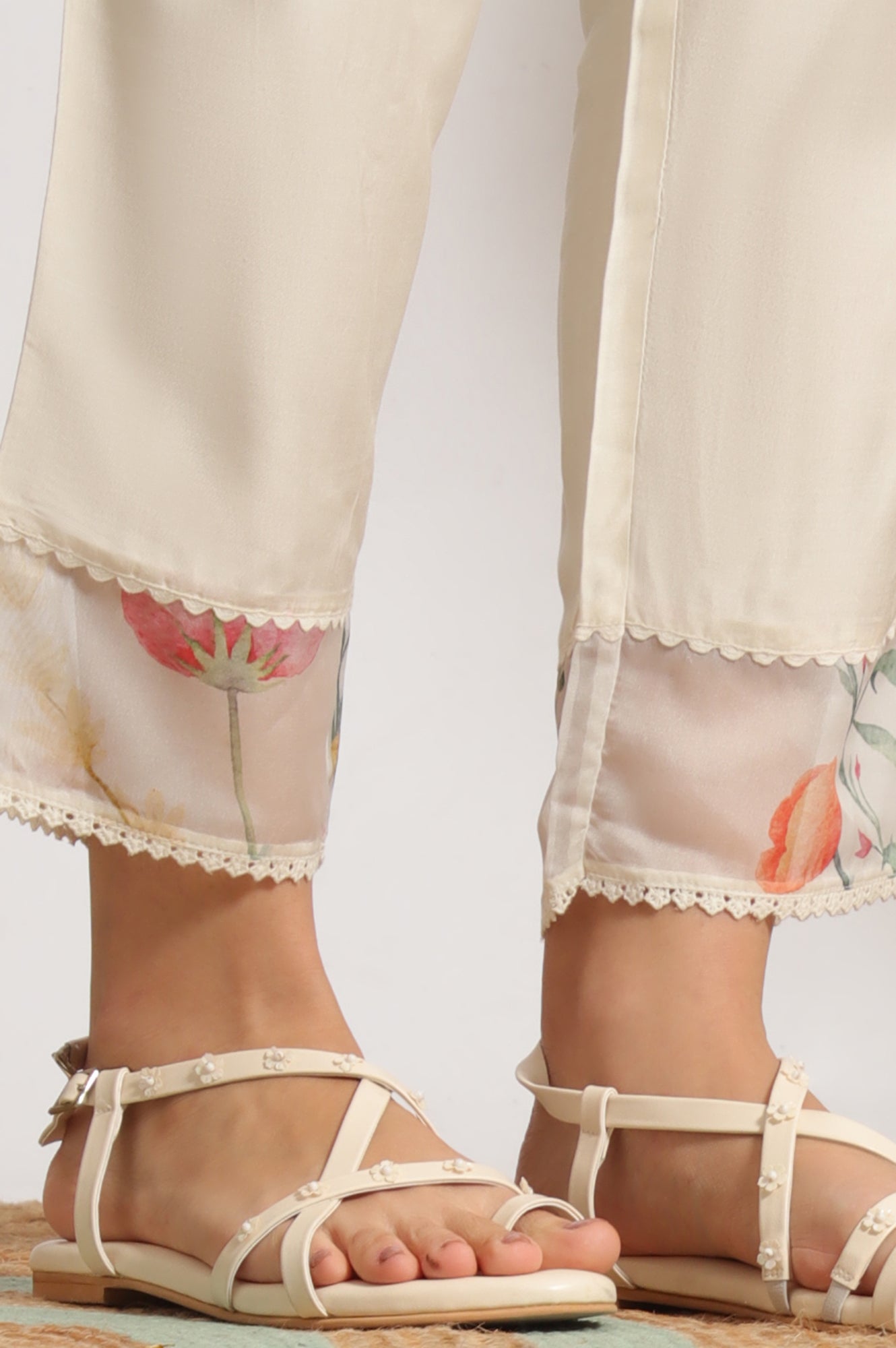 Cream Floral Printed Flared Organza Kurta, Pants and Dupatta Set