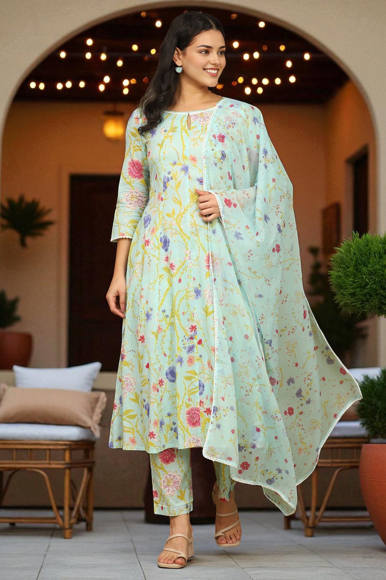 Light Turqoise Blue Floral Printed Pure Cotton Flared Kurta, Pants and Dupatta Set