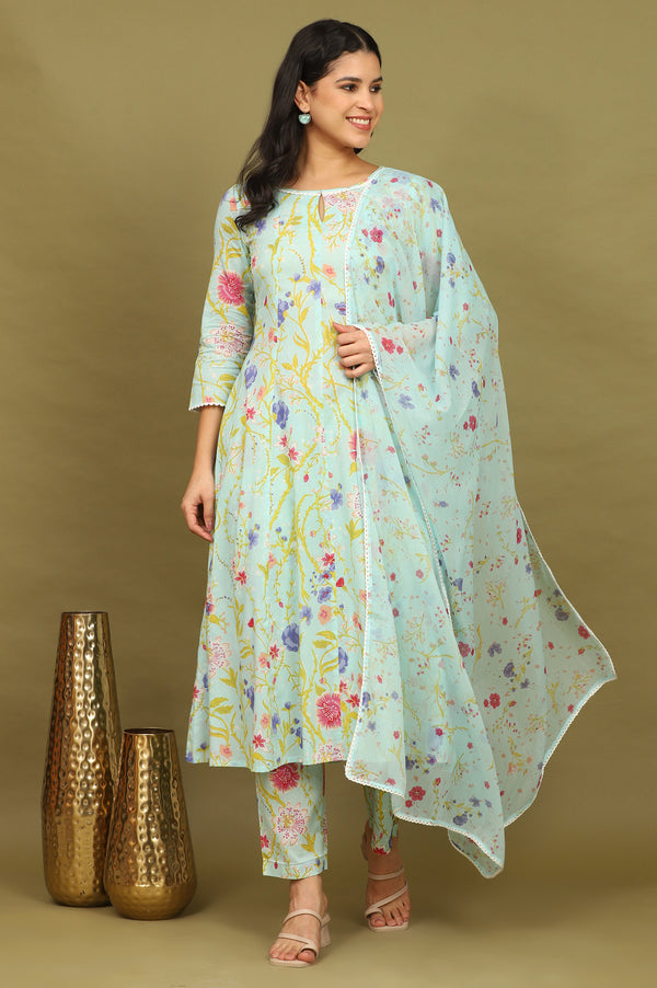 Light Turqoise Blue Floral Printed Pure Cotton Flared Kurta, Pants and Dupatta Set