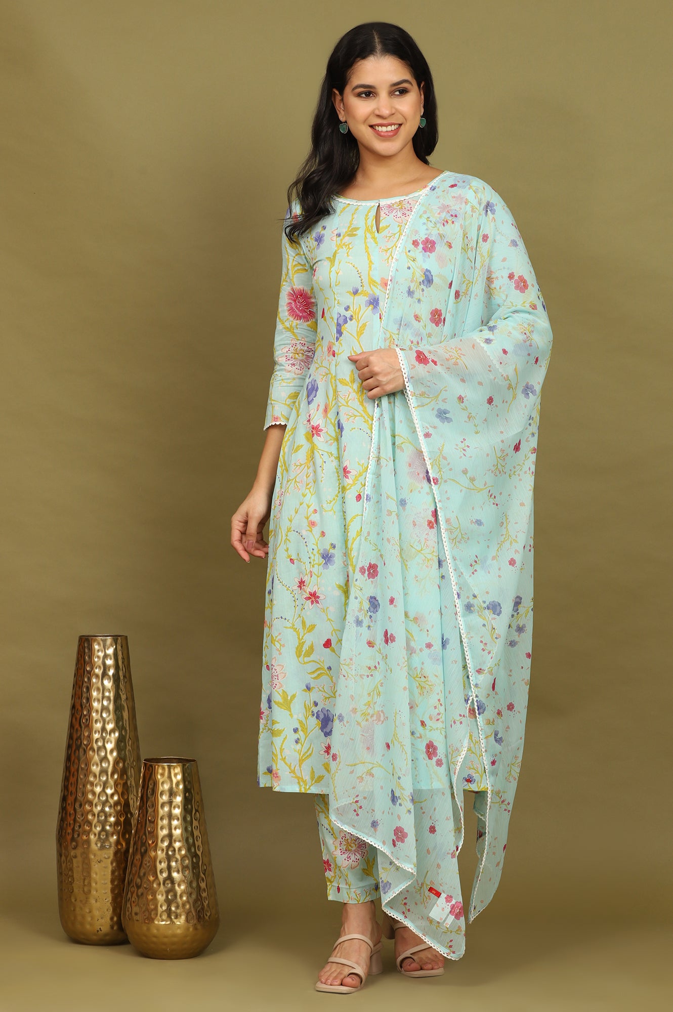 Light Turqoise Blue Floral Printed Pure Cotton Flared Kurta, Pants and Dupatta Set