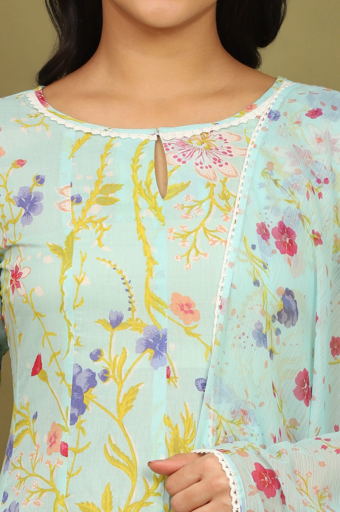Light Turqoise Blue Floral Printed Pure Cotton Flared Kurta, Pants and Dupatta Set