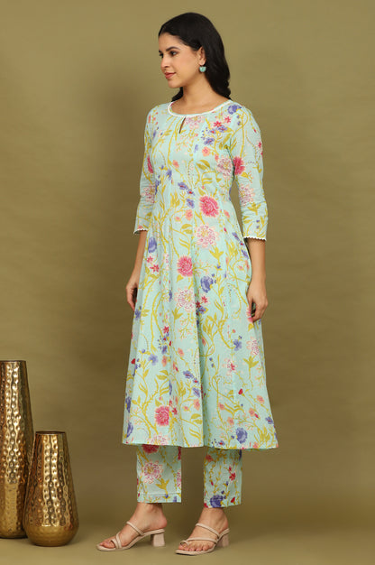 Light Turqoise Blue Floral Printed Pure Cotton Flared Kurta, Pants and Dupatta Set