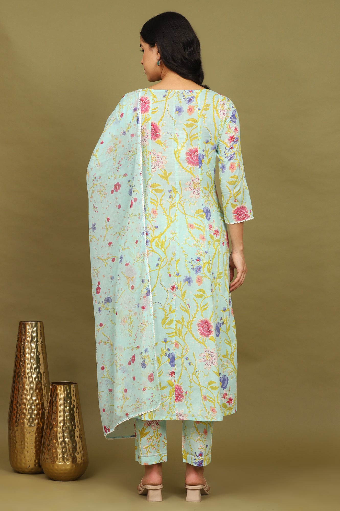 Light Turqoise Blue Floral Printed Pure Cotton Flared Kurta, Pants and Dupatta Set