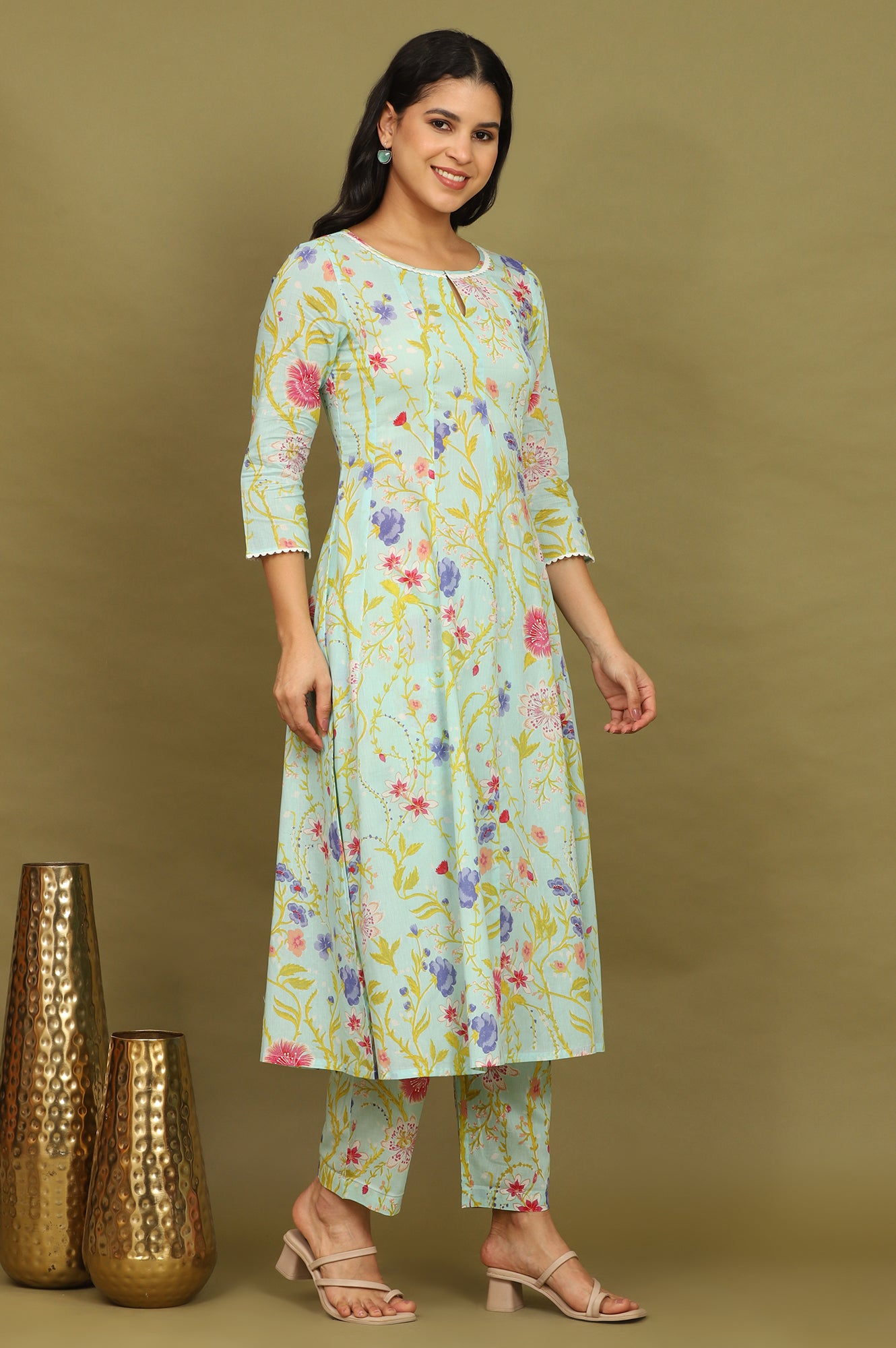 Light Turqoise Blue Floral Printed Pure Cotton Flared Kurta, Pants and Dupatta Set