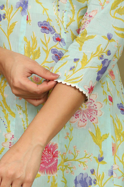 Light Turqoise Blue Floral Printed Pure Cotton Flared Kurta, Pants and Dupatta Set