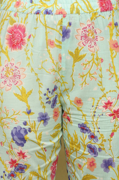 Light Turqoise Blue Floral Printed Pure Cotton Flared Kurta, Pants and Dupatta Set