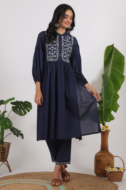 Navy Blue Embroidered Yoke Pure Cotton Kurta and Pants Co-ord Set