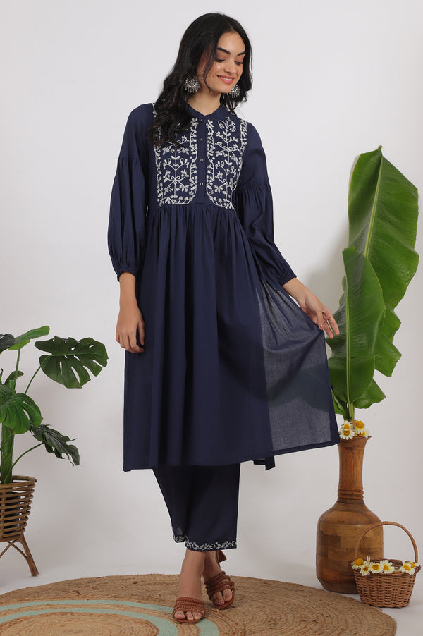 Navy Blue Embroidered Yoke Pure Cotton Kurta and Pants Co-ord Set