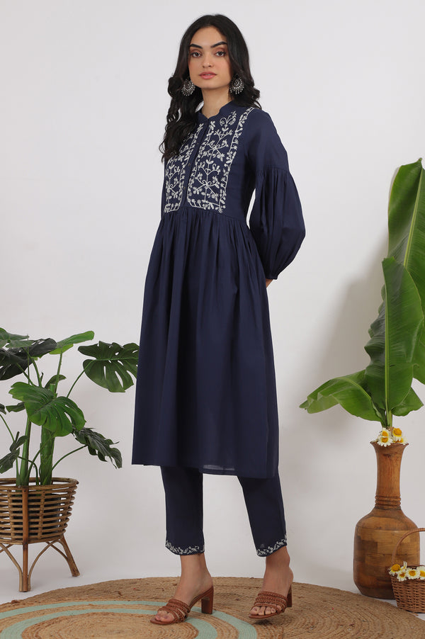 Navy Blue Embroidered Yoke Pure Cotton Kurta and Pants Co-ord Set