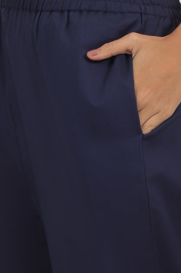 Navy Blue Embroidered Yoke Pure Cotton Kurta and Pants Co-ord Set