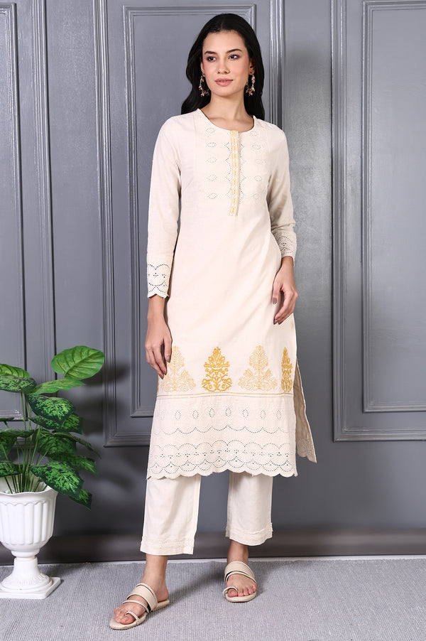 Off White Embroidered Cotton Flax Straight Kurta and Trousers Co-ord Set