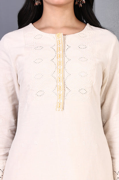 Off White Embroidered Cotton Flax Straight Kurta and Trousers Co-ord Set