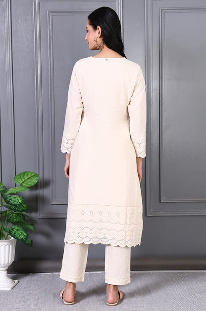 Off White Embroidered Cotton Flax Straight Kurta and Trousers Co-ord Set