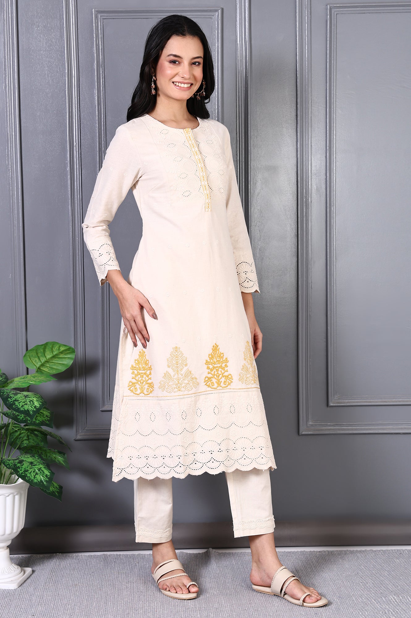 Off White Embroidered Cotton Flax Straight Kurta and Trousers Co-ord Set