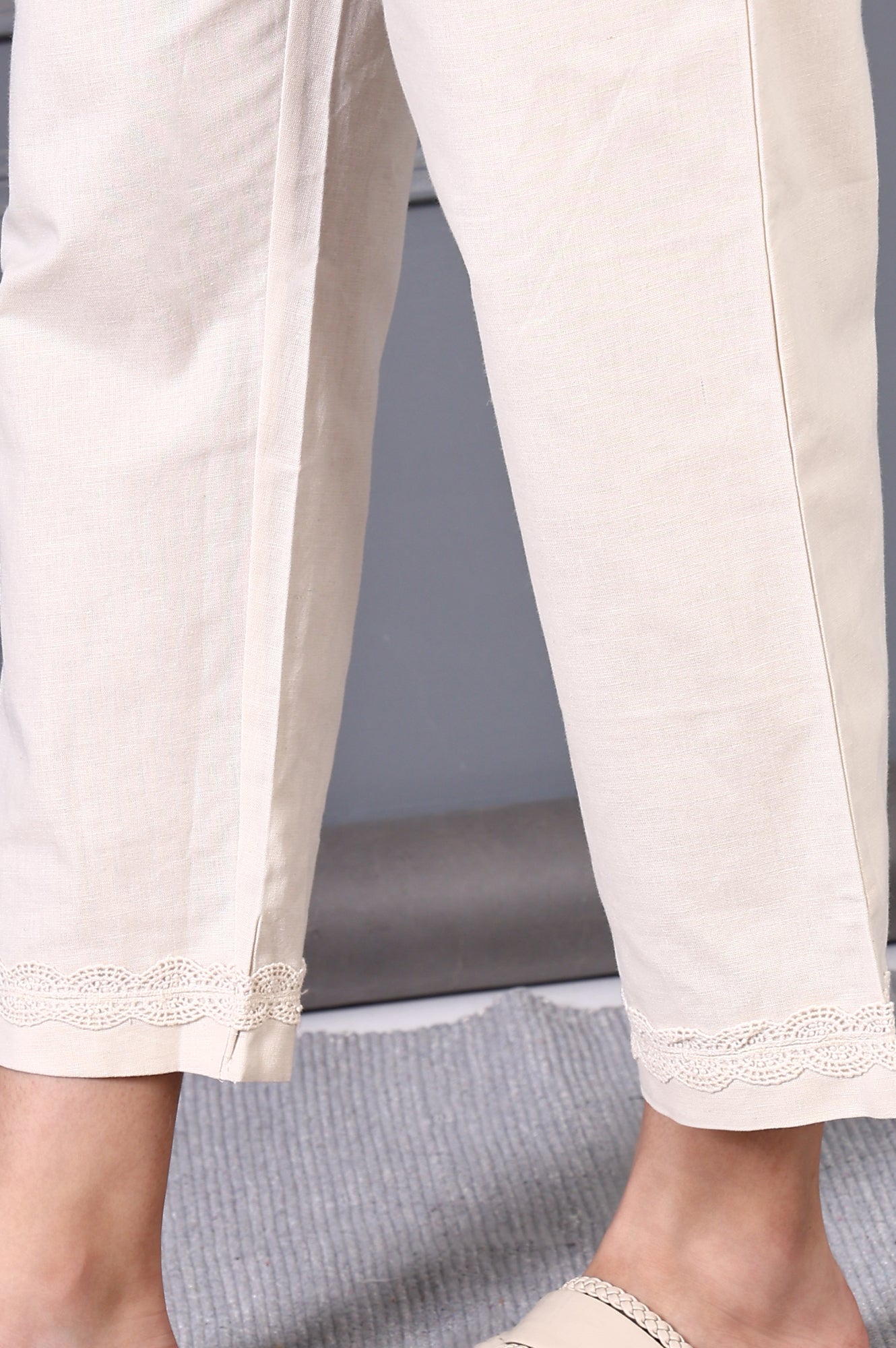 Off White Embroidered Cotton Flax Straight Kurta and Trousers Co-ord Set