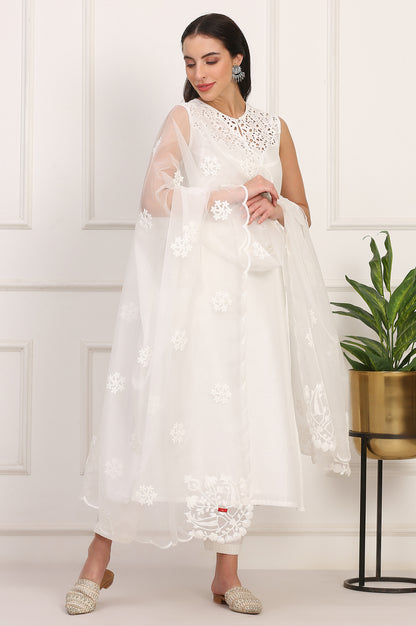 White Solid Embroidered Straight Pure Cotton Kurta, Straight Pant and Dupatta Set