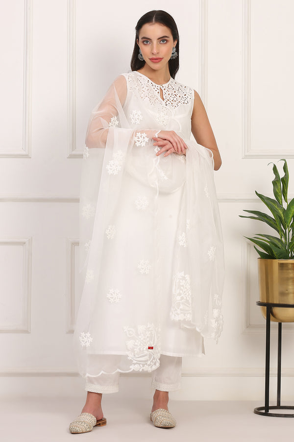White Solid Embroidered Straight Pure Cotton Kurta, Straight Pant and Dupatta Set