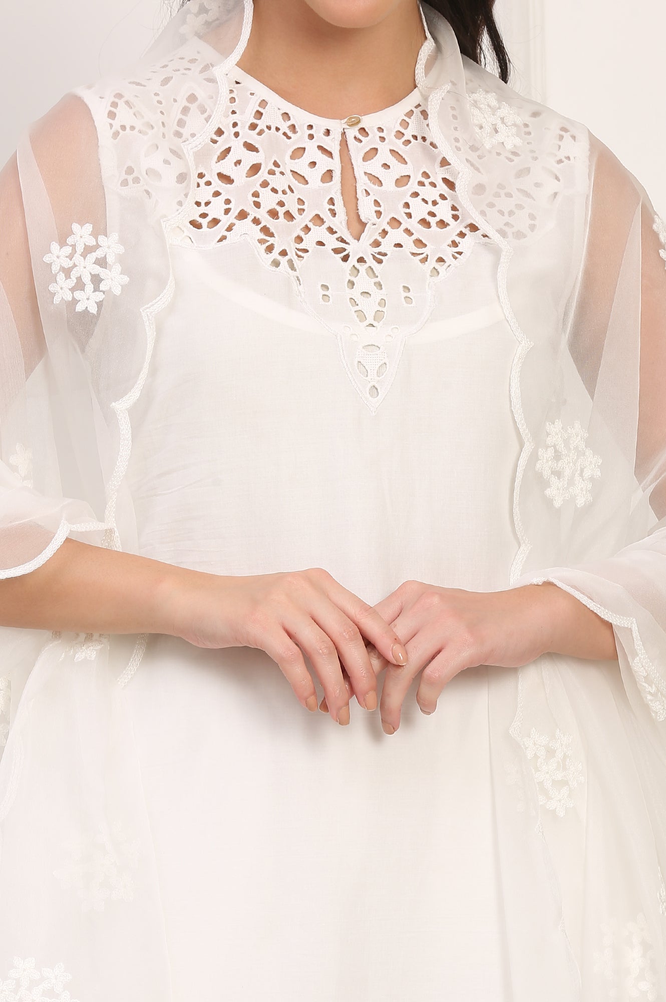 White Solid Embroidered Straight Pure Cotton Kurta, Straight Pant and Dupatta Set