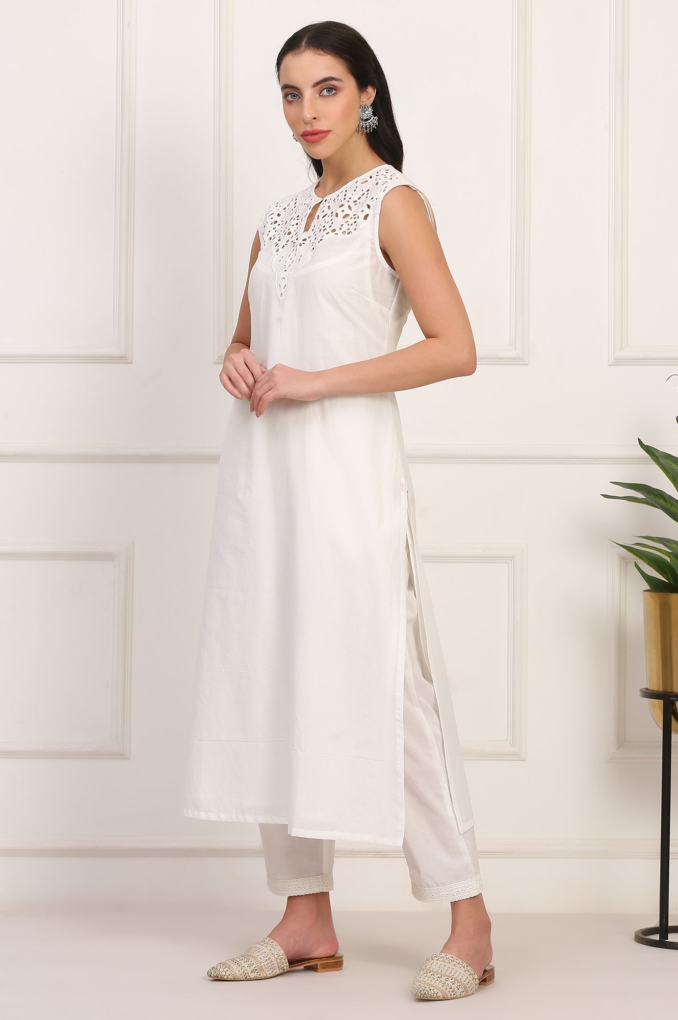 White Solid Embroidered Straight Pure Cotton Kurta, Straight Pant and Dupatta Set