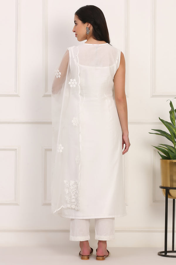 White Solid Embroidered Straight Pure Cotton Kurta, Straight Pant and Dupatta Set