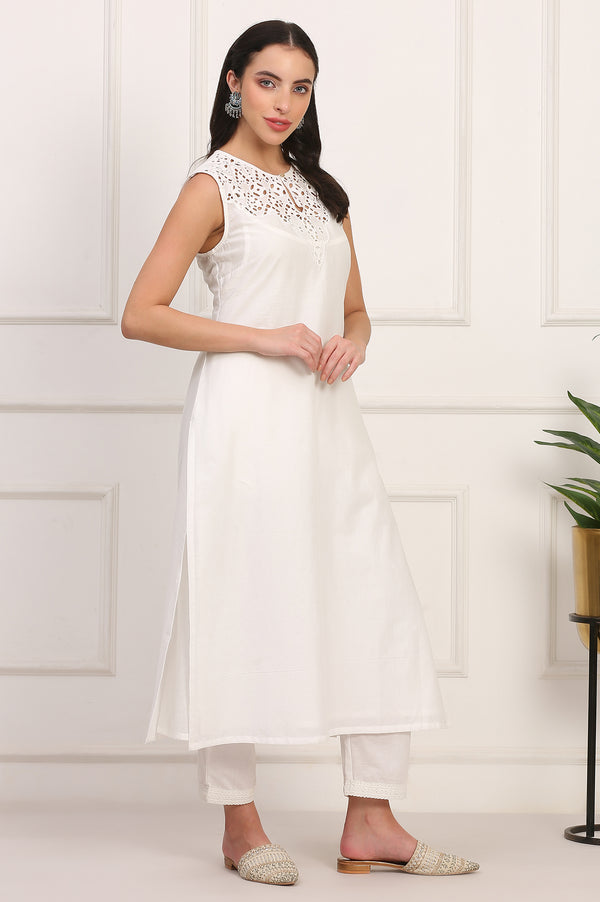 White Solid Embroidered Straight Pure Cotton Kurta, Straight Pant and Dupatta Set