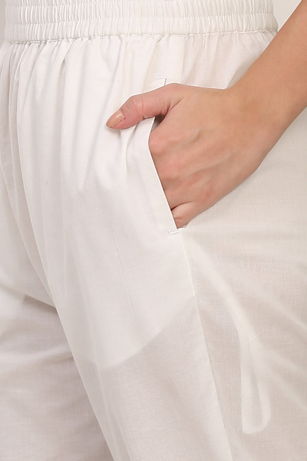 White Solid Embroidered Straight Pure Cotton Kurta, Straight Pant and Dupatta Set