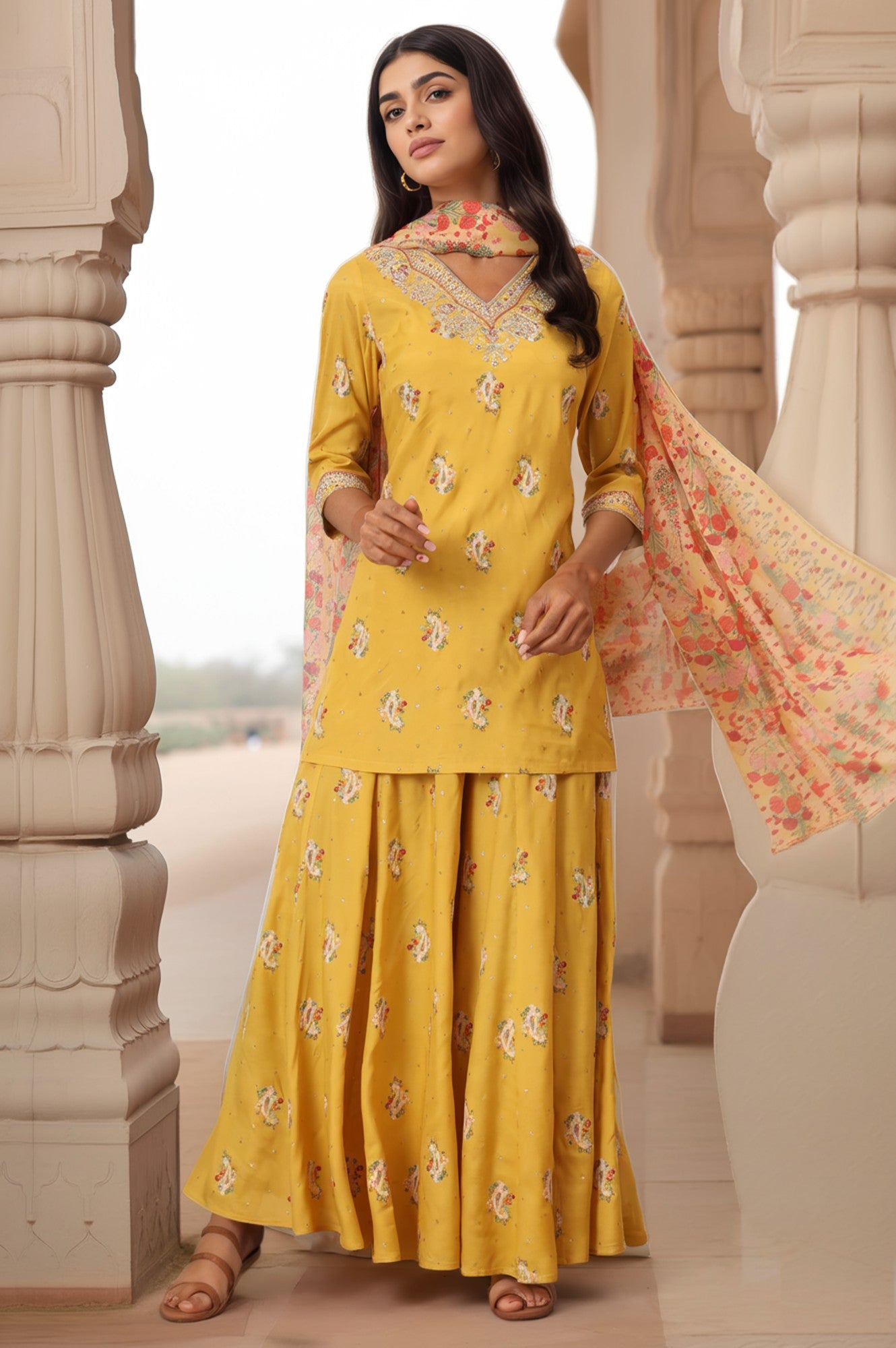 Mustard Yellow Printed Short Shantung Kurti, Culottes and Dupatta Set