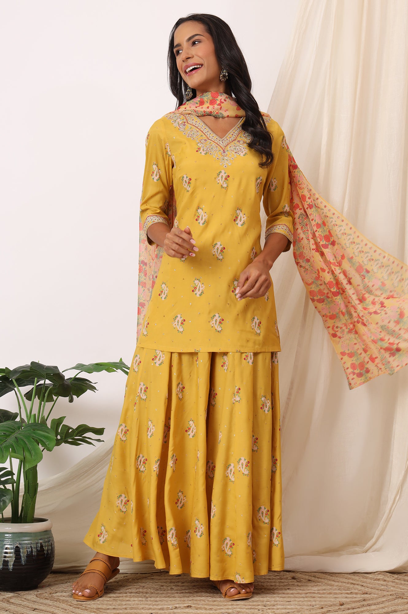 Mustard Yellow Printed Short Shantung Kurti, Culottes and Dupatta Set