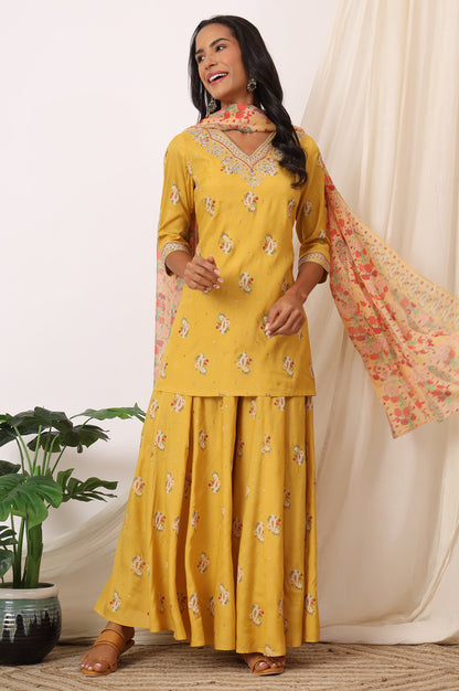 Mustard Yellow Printed Short Shantung Kurti, Culottes and Dupatta Set
