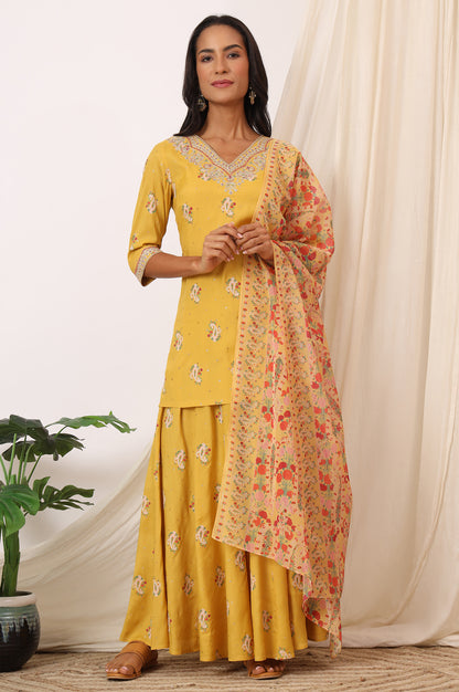 Mustard Yellow Printed Short Shantung Kurti, Culottes and Dupatta Set