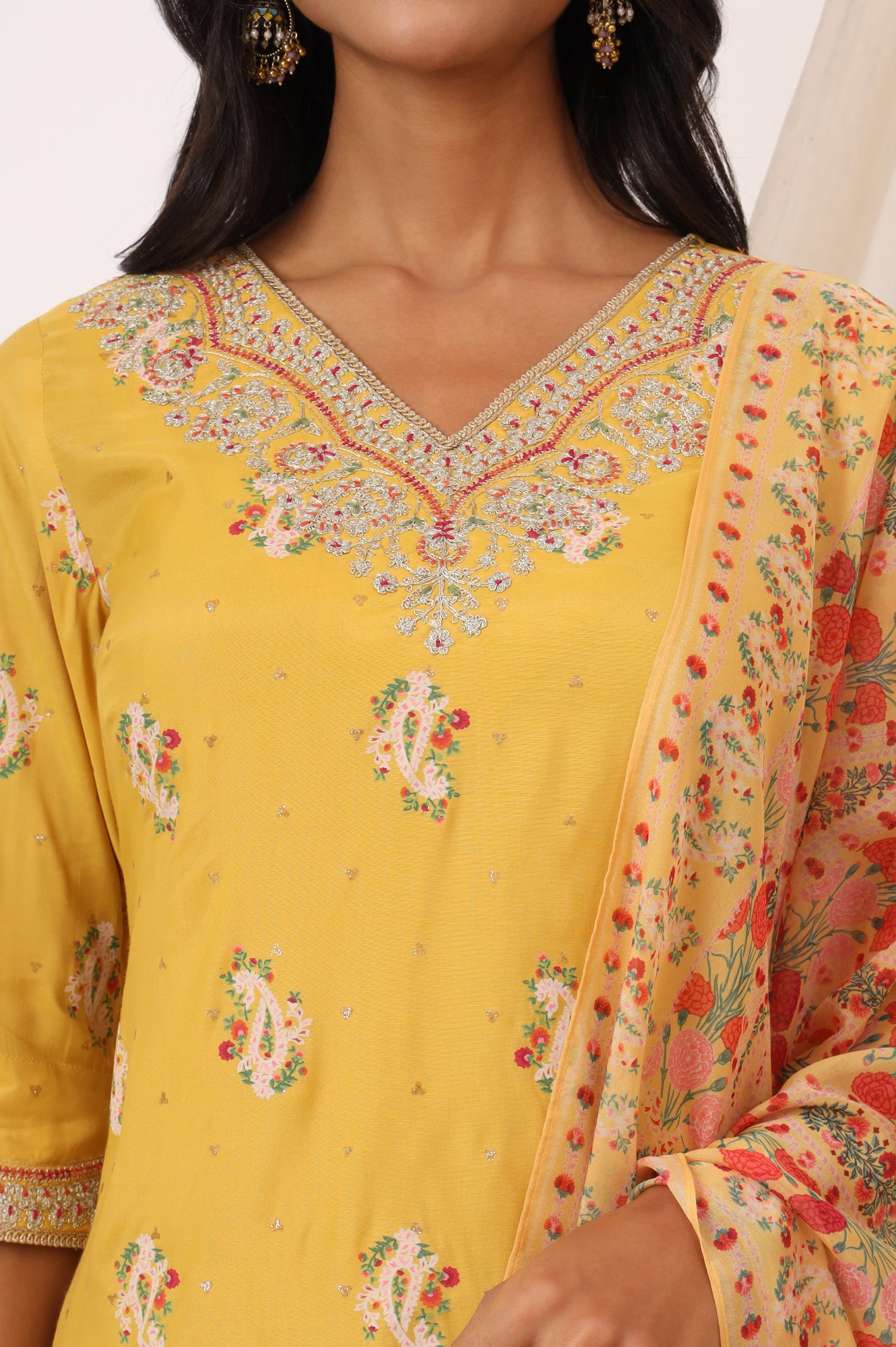 Mustard Yellow Printed Short Shantung Kurti, Culottes and Dupatta Set