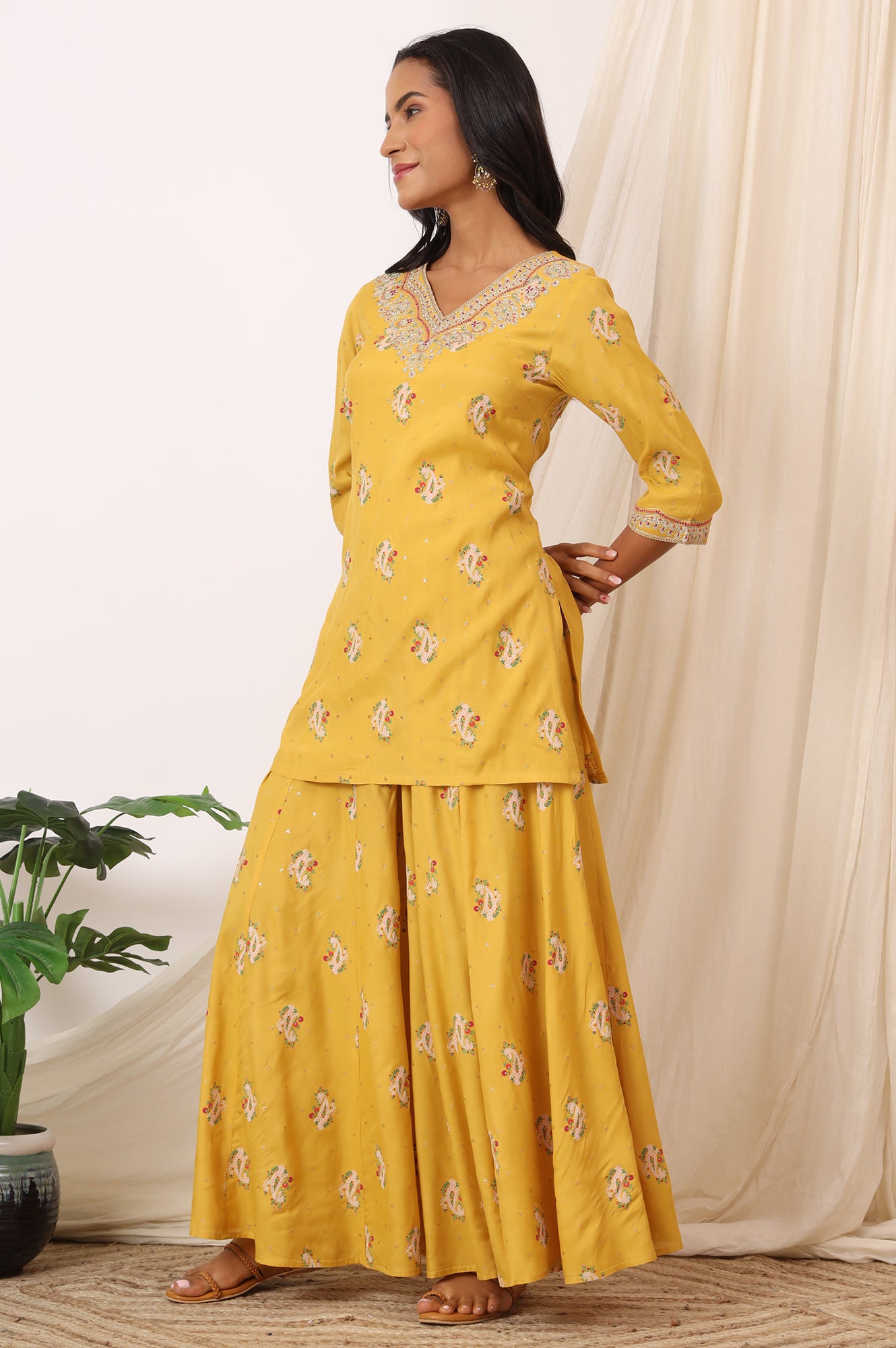 Mustard Yellow Printed Short Shantung Kurti, Culottes and Dupatta Set