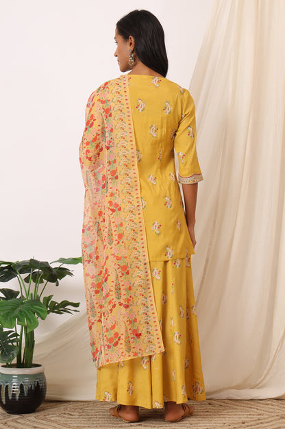 Mustard Yellow Printed Short Shantung Kurti, Culottes and Dupatta Set