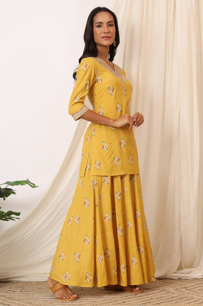 Mustard Yellow Printed Short Shantung Kurti, Culottes and Dupatta Set