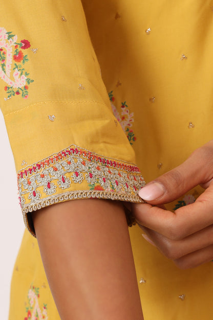 Mustard Yellow Printed Short Shantung Kurti, Culottes and Dupatta Set
