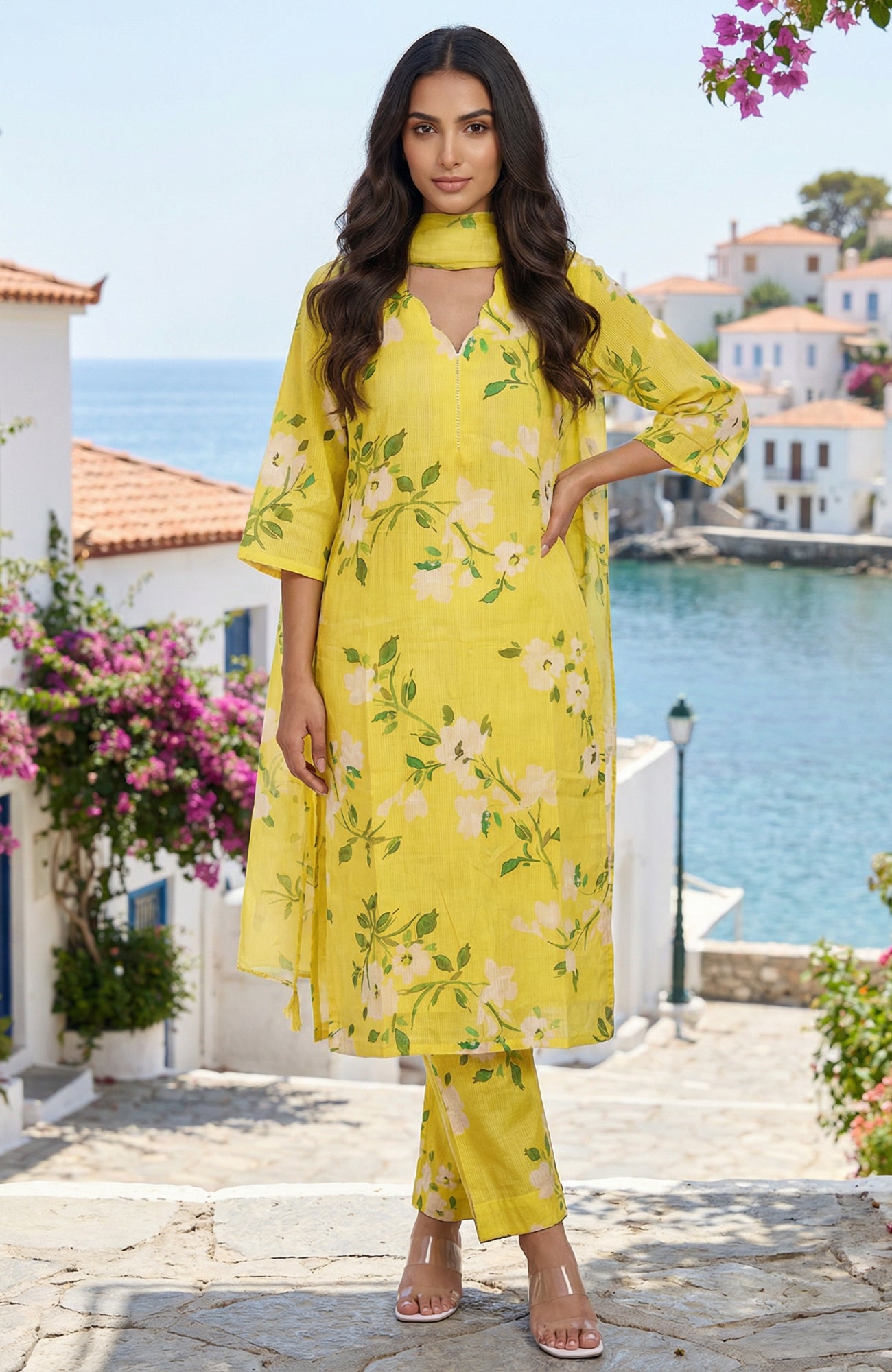 Yellow Floral Printed Pure Cotton Straight Kurta with Pants and Dupatta Set