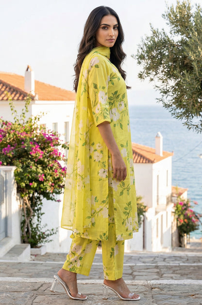 Yellow Floral Printed Pure Cotton Straight Kurta with Pants and Dupatta Set