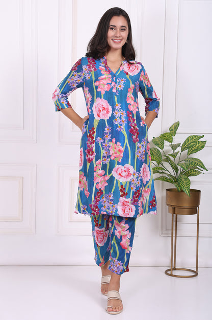 Blue Floral Printed Modal Straight Kurta and Pants Co-ord Set