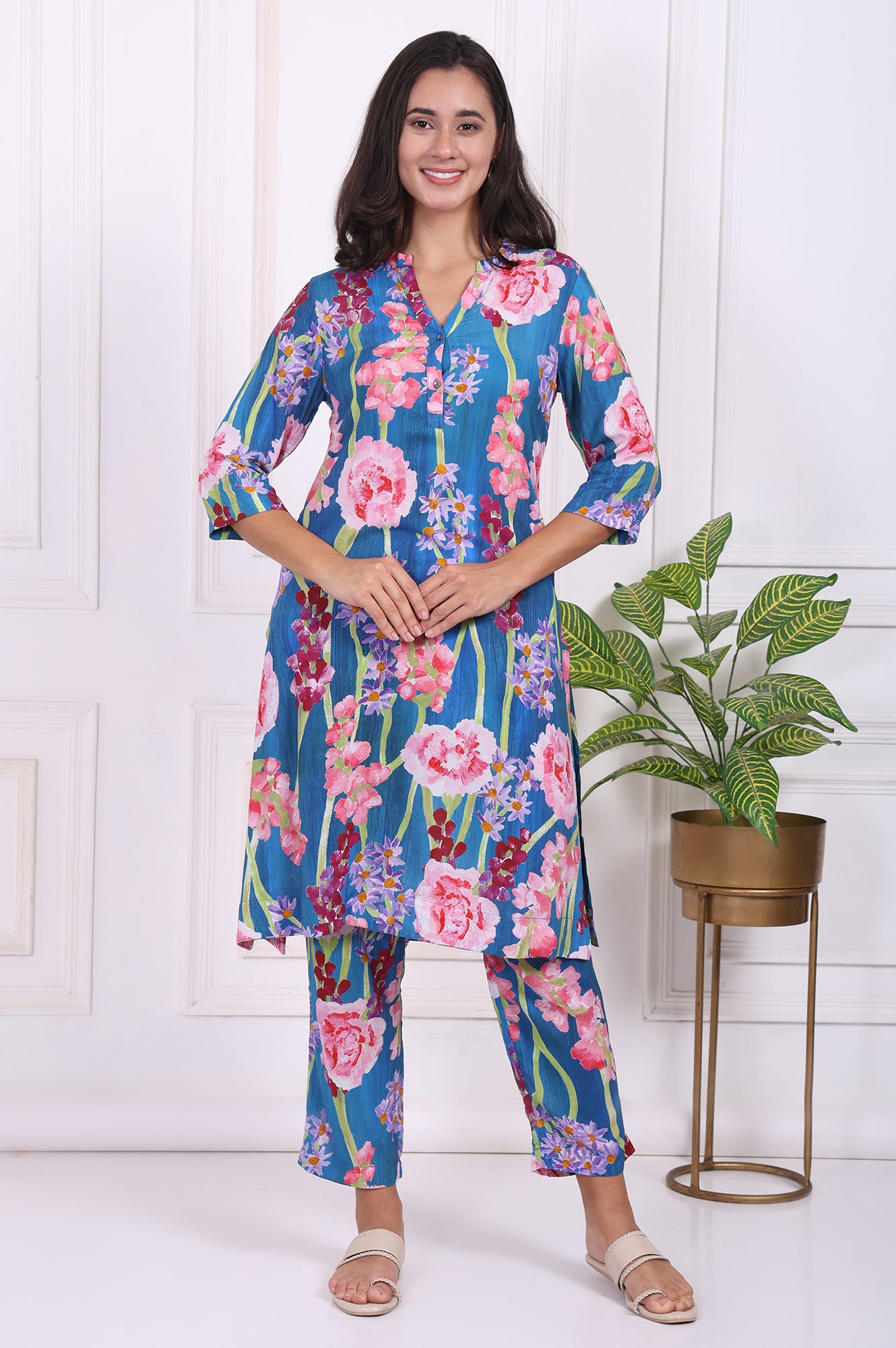 Blue Floral Printed Modal Ankle Length Straight Pants