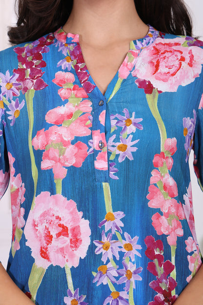 Blue Floral Printed Modal Straight Kurta and Pants Co-ord Set